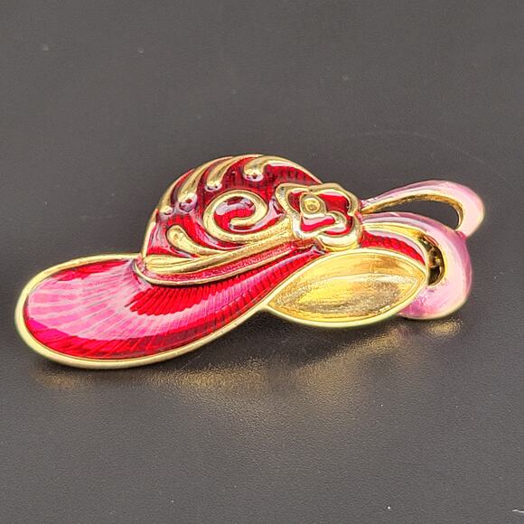 Vintage Red & Pink Hat Brooch Gold-Tone with Enamel Accents, Retro Pin - Picture 1 of 5